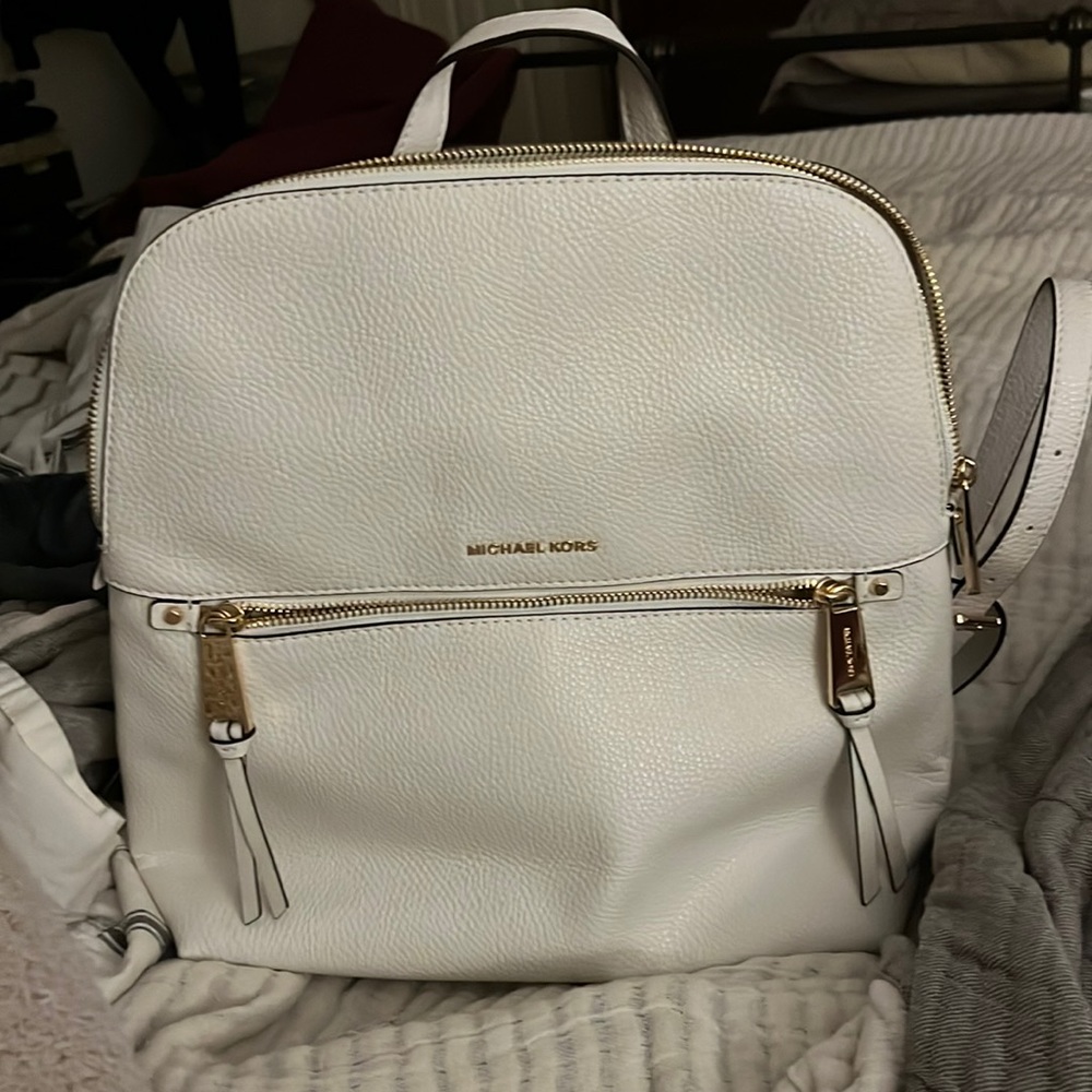 Michael Kors Rhea Zip Optic White Md Slim Backpack Pebbled Leather